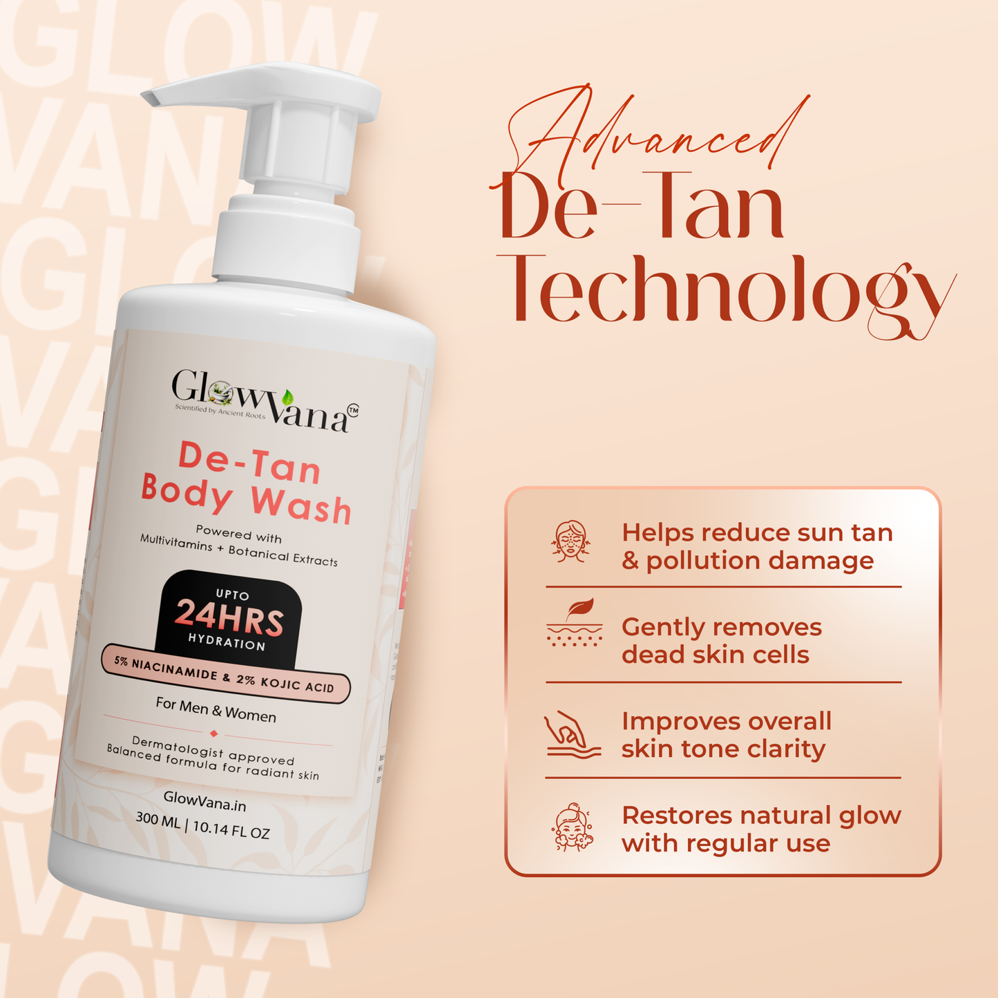 GlowVana De-Tan Body Wash | 300 ML | Men & Women | Skin Brightening & Tan Removal