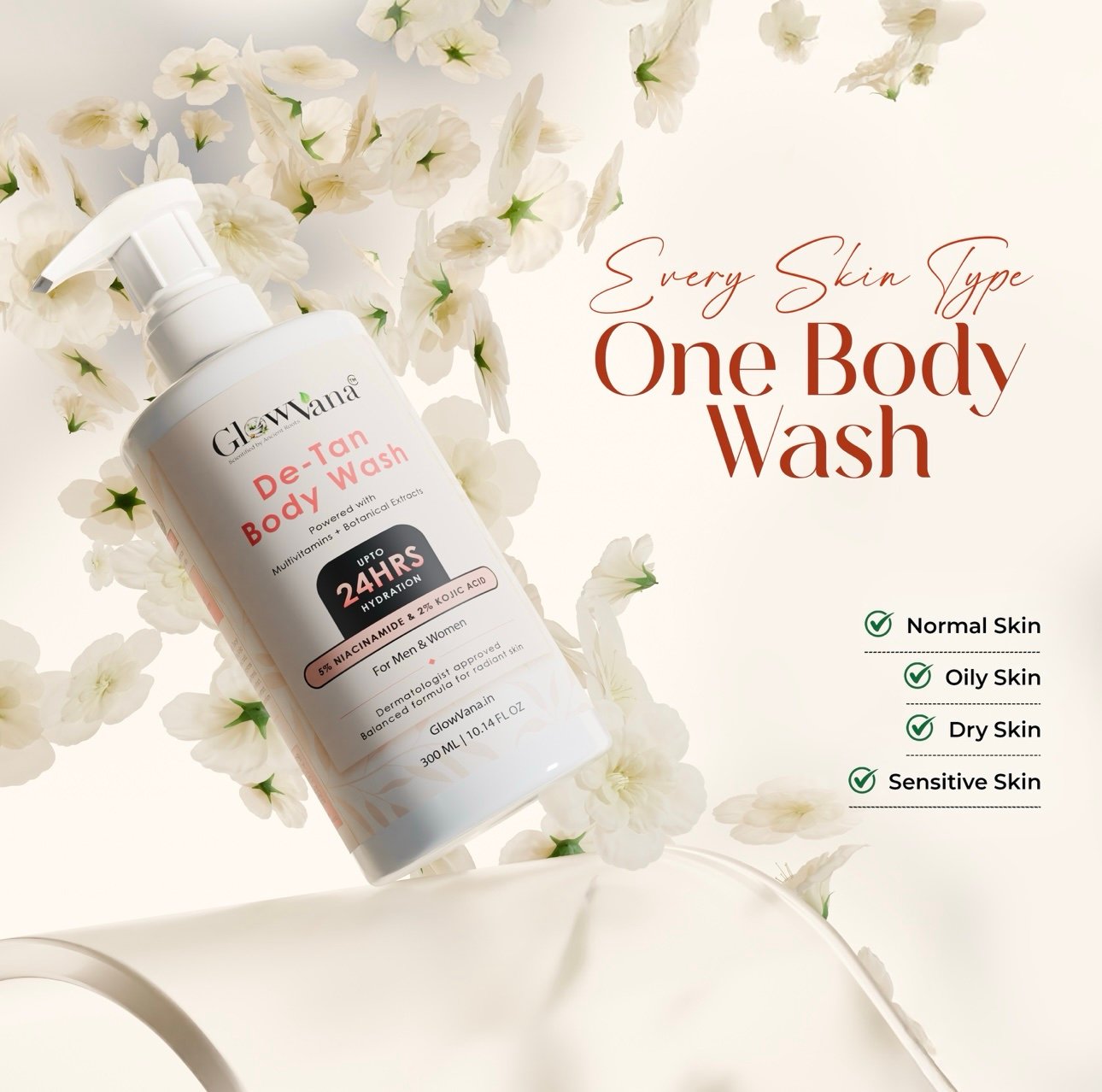 GlowVana De-Tan Body Wash | 300 ML | Men & Women | Skin Brightening & Tan Removal